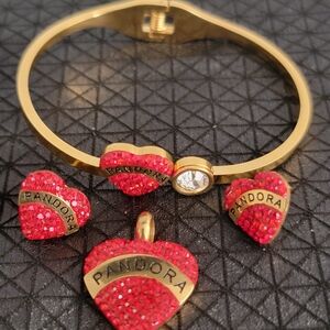 Pandora Stainless Steel Goldtone Bracelet with Red Heart Charms